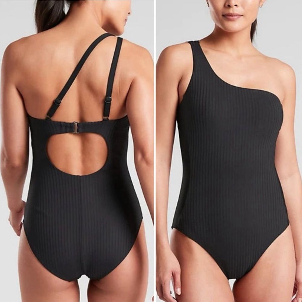 Athleta Rib Asymmetric One Piece Swimsuit Black Size Medium One Shoulder Swim